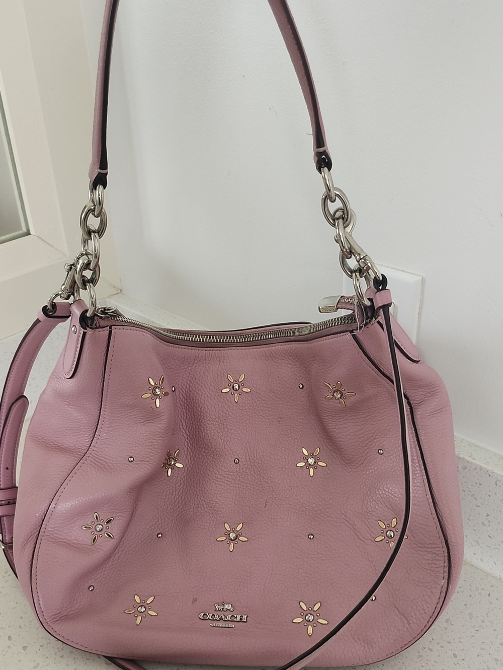 Coach Pink Leather Floral-Stud Shoulder Bag